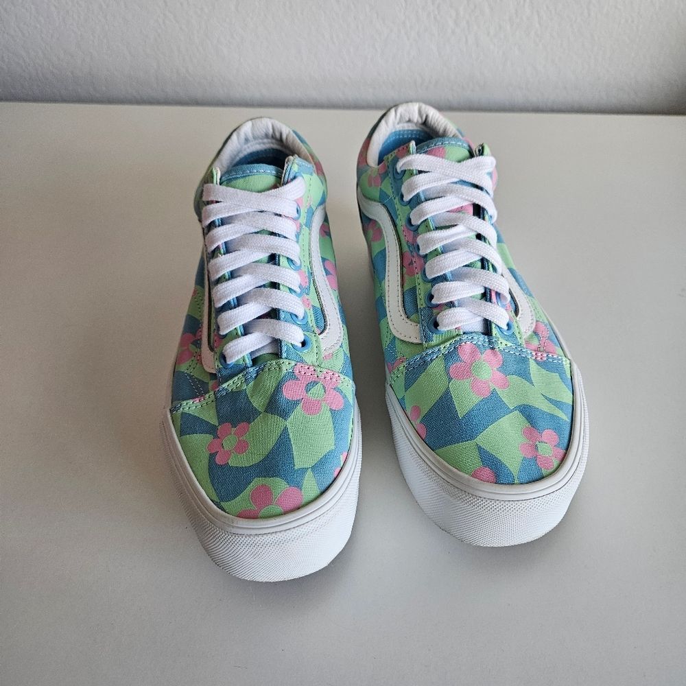 Vans | Old Skool Stacked Checkered Floral Blue Platform Shoes, Womens 9 - Picture 8 of 11